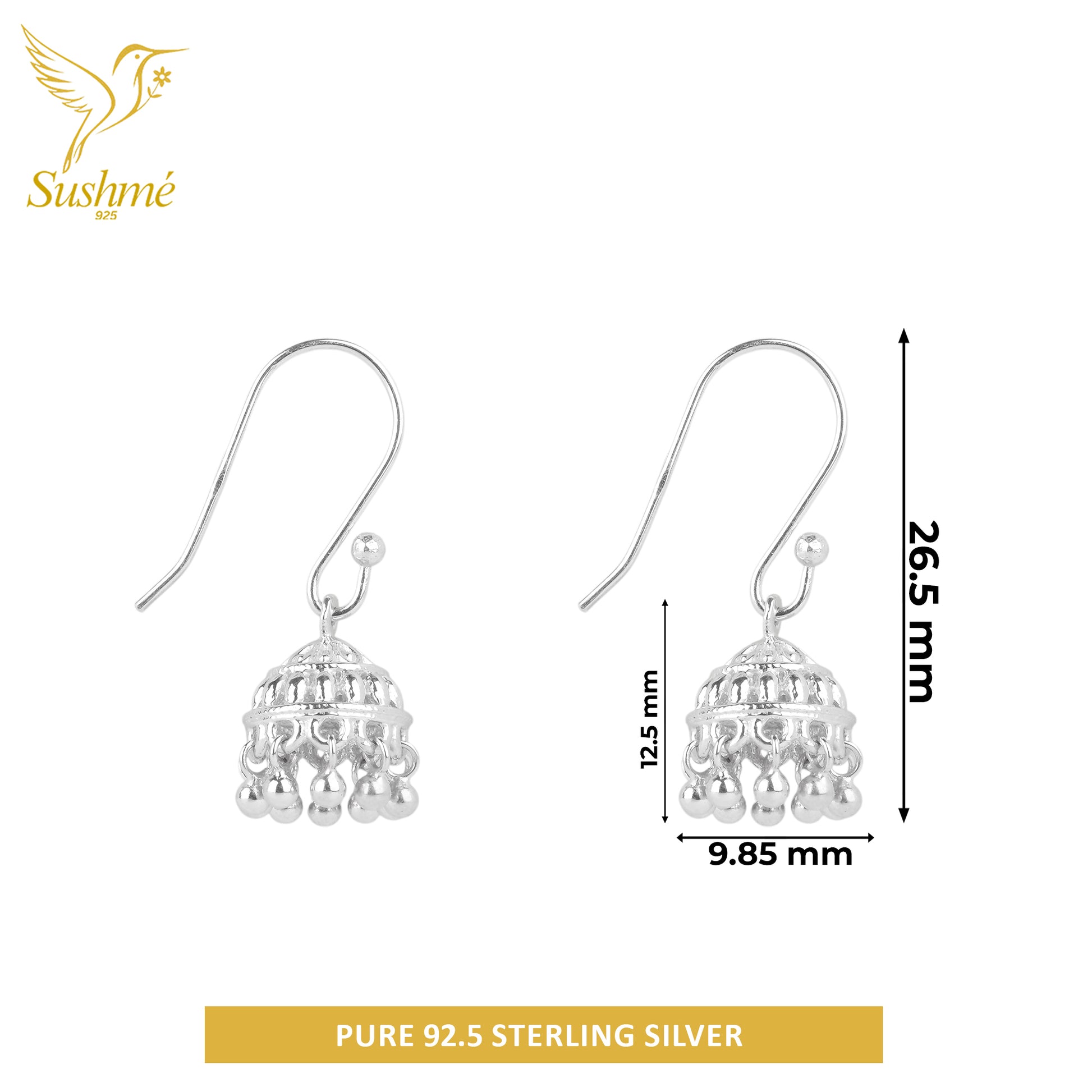 Silver earrings with measurements and 'Sushme925' branding on a white background