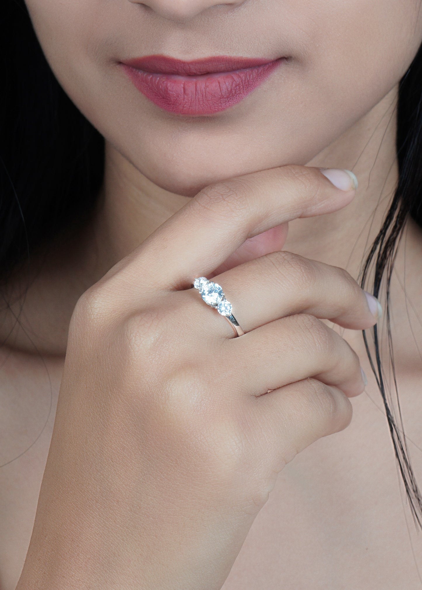 Silver Three Gems Solitaire Ring